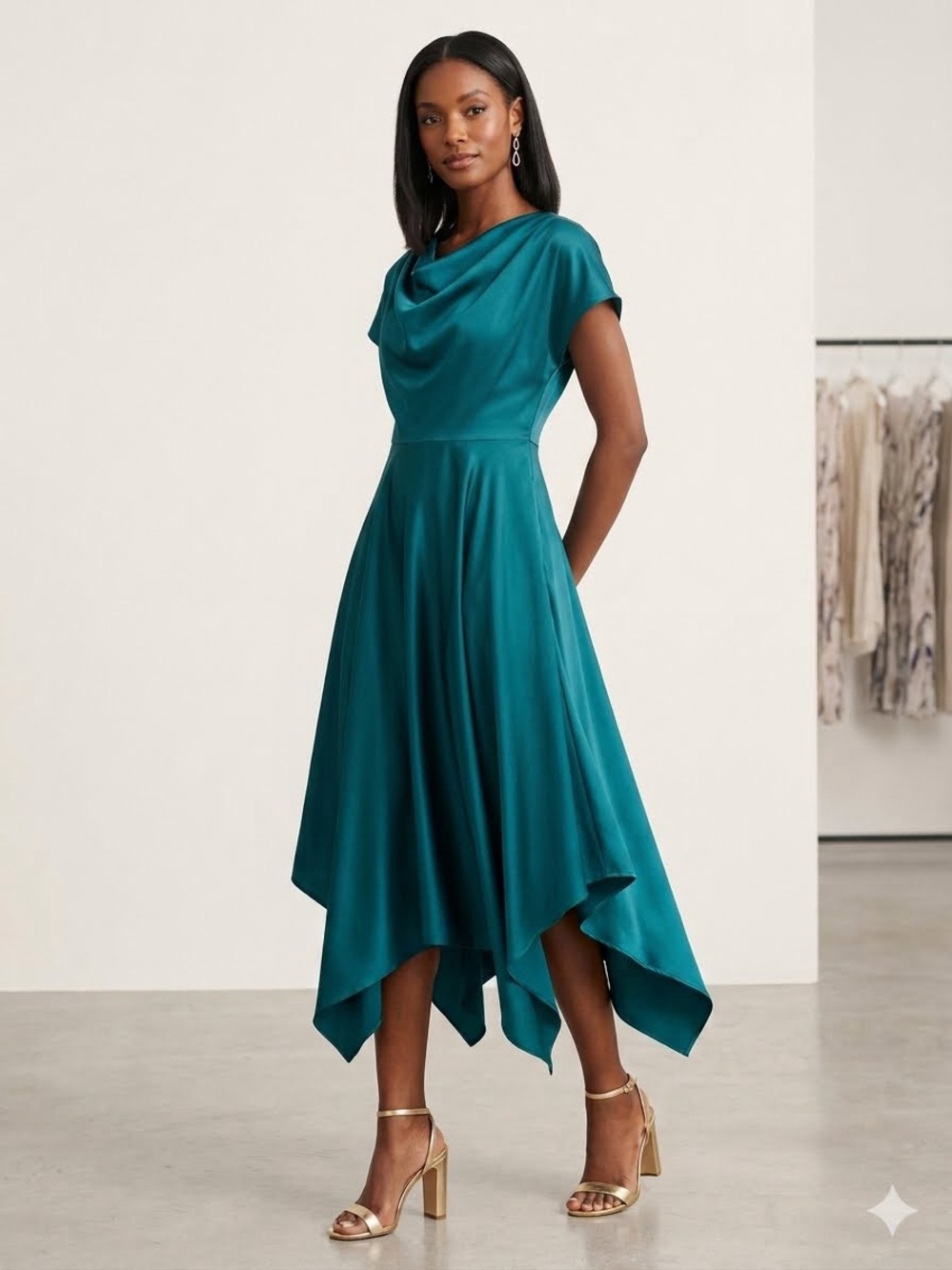 Theia Hayden Teal Satin A-Line Midi Dress
